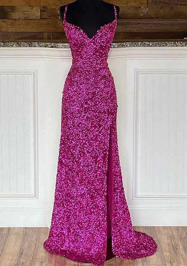 Sheath/Column V-Neck Sleeveless Velvet Sequins Prom Dress/Evening Dress with Split and Sweep Train Simple gentle atmospheric and unique design