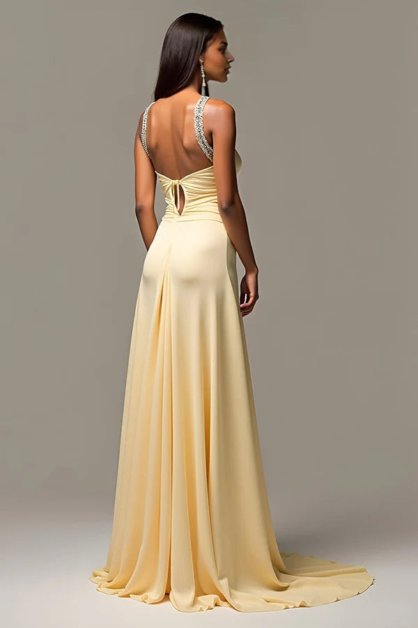 Sheath Daffodil Spaghetti Straps Ruched Long Prom Dress simple gentle atmospheric and unique desi Bring summer colors to enhance whiteness