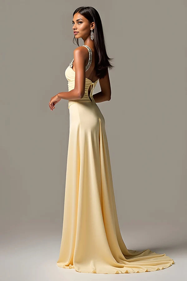 Sheath Daffodil Spaghetti Straps Ruched Long Prom Dress simple gentle atmospheric and unique desi Bring summer colors to enhance whiteness