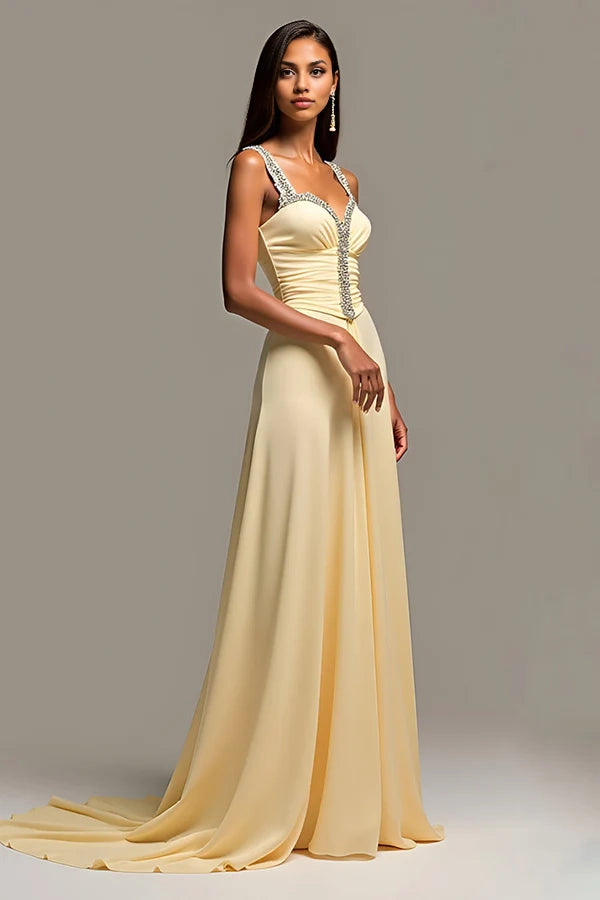 Sheath Daffodil Spaghetti Straps Ruched Long Prom Dress simple gentle atmospheric and unique desi Bring summer colors to enhance whiteness