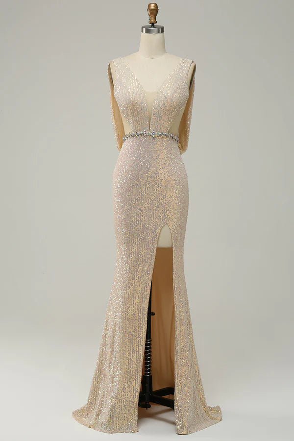 Sheath Deep V Neck Champagne Sequins Long Prom Dress with Split Front Simple gentle atmospheric and unique design
