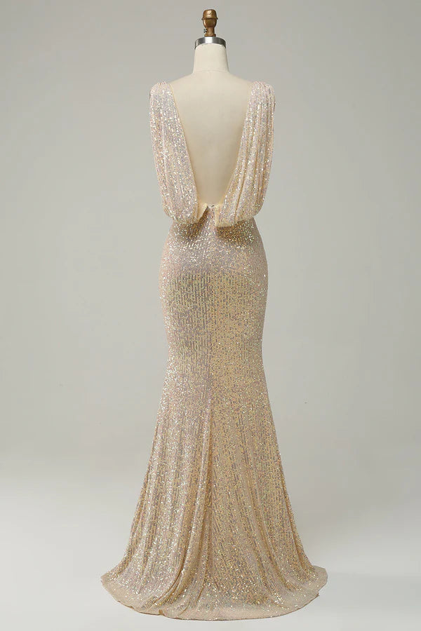 Sheath Deep V Neck Champagne Sequins Long Prom Dress with Split Front Simple gentle atmospheric and unique design