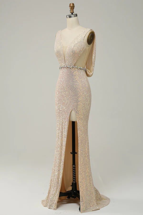 Sheath Deep V Neck Champagne Sequins Long Prom Dress with Split Front Simple gentle atmospheric and unique design