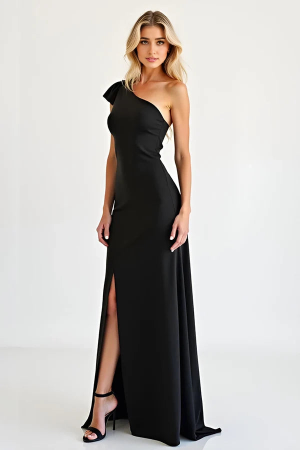 Elegant Chiffon Black One Shoulder Prom Dress with Slit simple gentle atmospheric and unique desi Bring summer colors to enhance whiteness