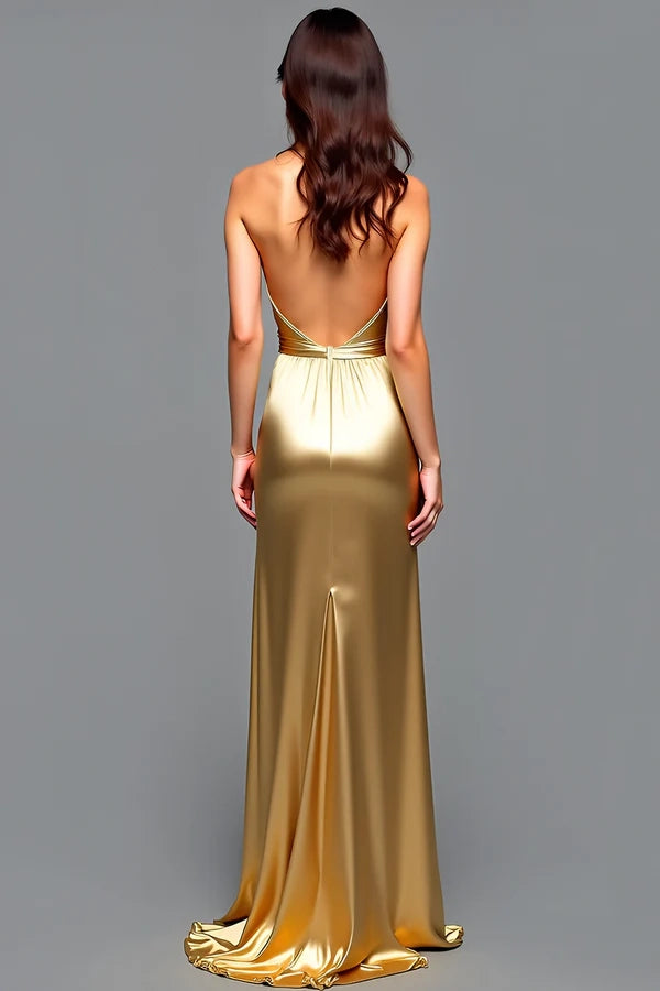 Sheath Golden Halter Pleated Long Prom Dress with Slit simple gentle atmospheric and unique desi Bring summer colors to enhance whiteness
