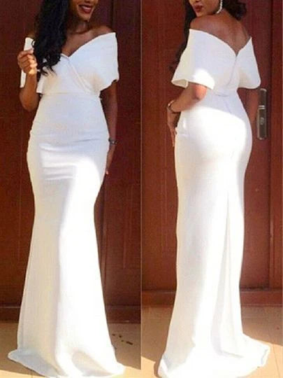 Sheath Off-the-Shoulder Short Sleeves Evening Dress prom dress simple gentle atmospheric and unique desi Bring summer colors to enhance whiteness