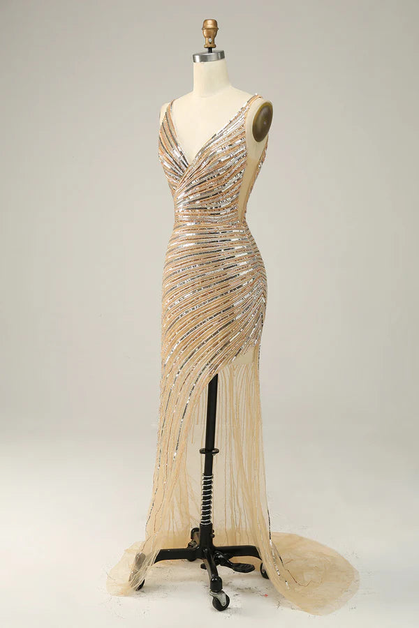 Sheath V Neck Golden Sequins Long Prom Dress with Open Back Simple gentle atmospheric and unique design ﻿