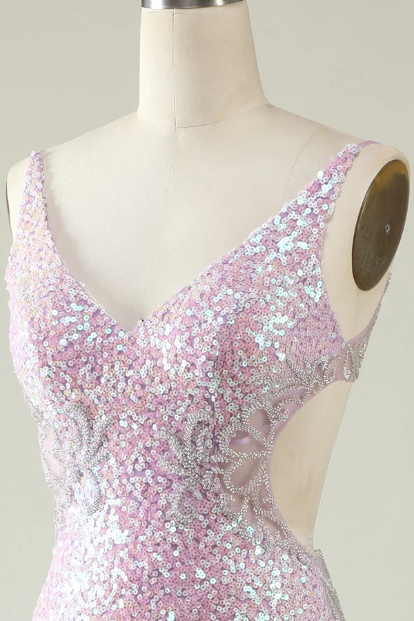 A Sheath V Neck Lilac Sequins Long Prom Dress with Split Front Simple gentle atmospheric and unique design ﻿
