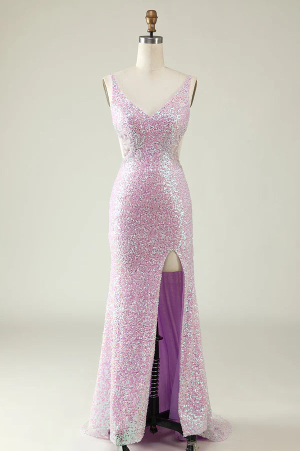 A Sheath V Neck Lilac Sequins Long Prom Dress with Split Front Simple gentle atmospheric and unique design ﻿