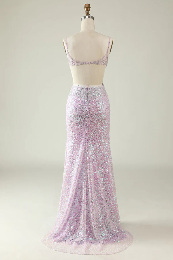 A Sheath V Neck Lilac Sequins Long Prom Dress with Split Front Simple gentle atmospheric and unique design ﻿