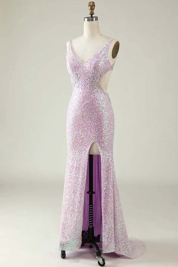 A Sheath V Neck Lilac Sequins Long Prom Dress with Split Front Simple gentle atmospheric and unique design ﻿