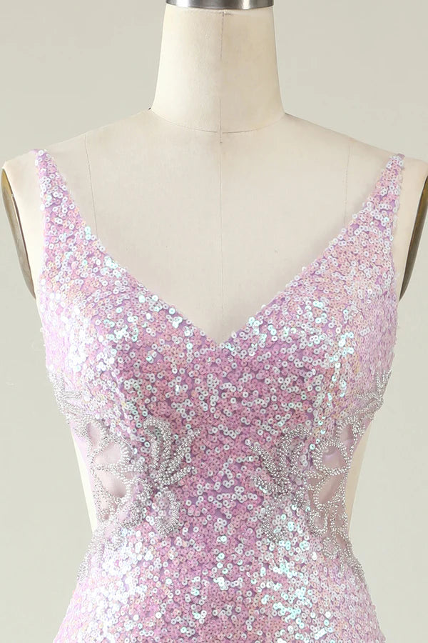 A Sheath V Neck Lilac Sequins Long Prom Dress with Split Front Simple gentle atmospheric and unique design ﻿