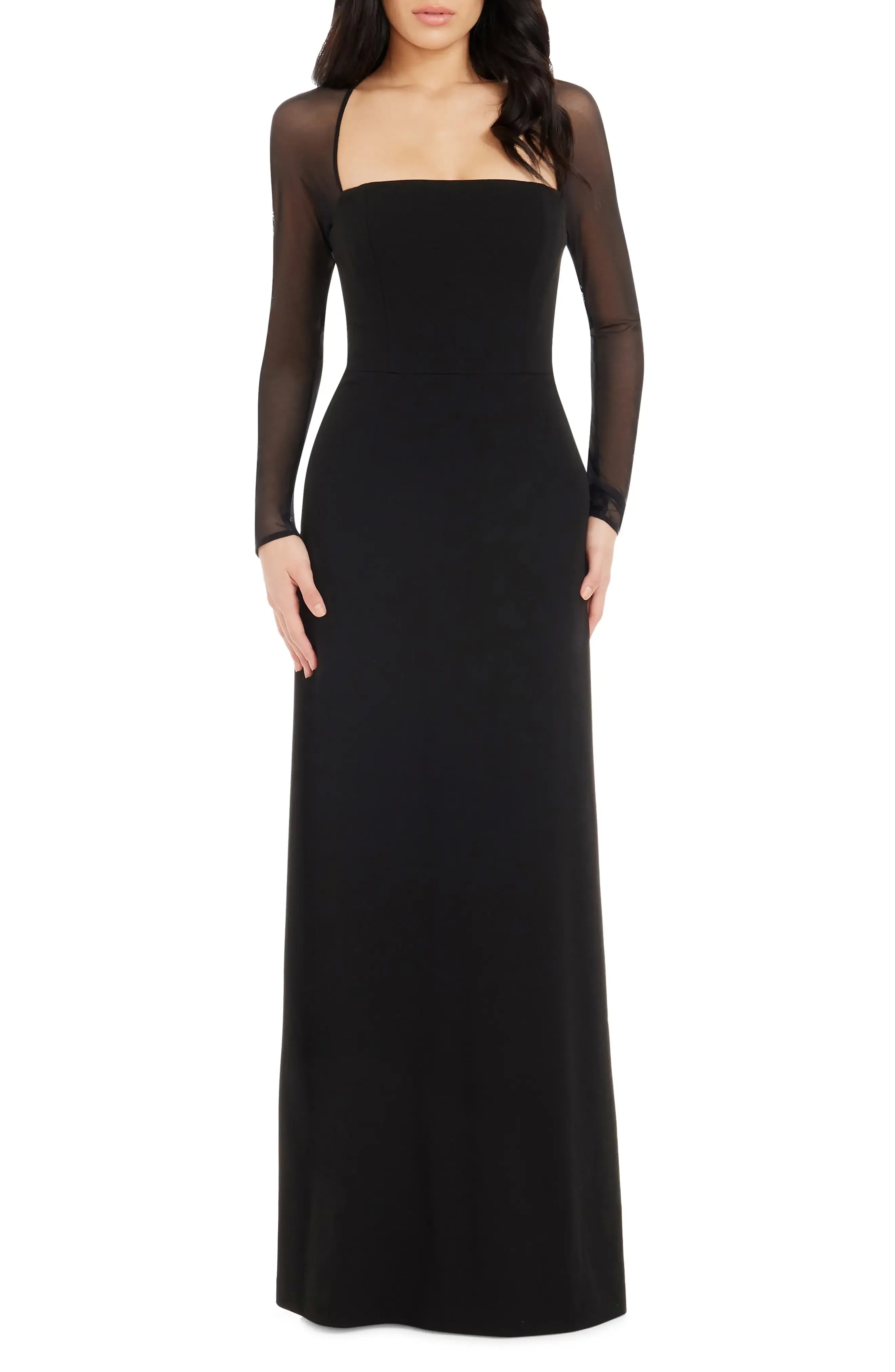 Sheer Accented Sheath Square Neck Long Sleeve Keyhole Back Floor Length For Women Evening Dress