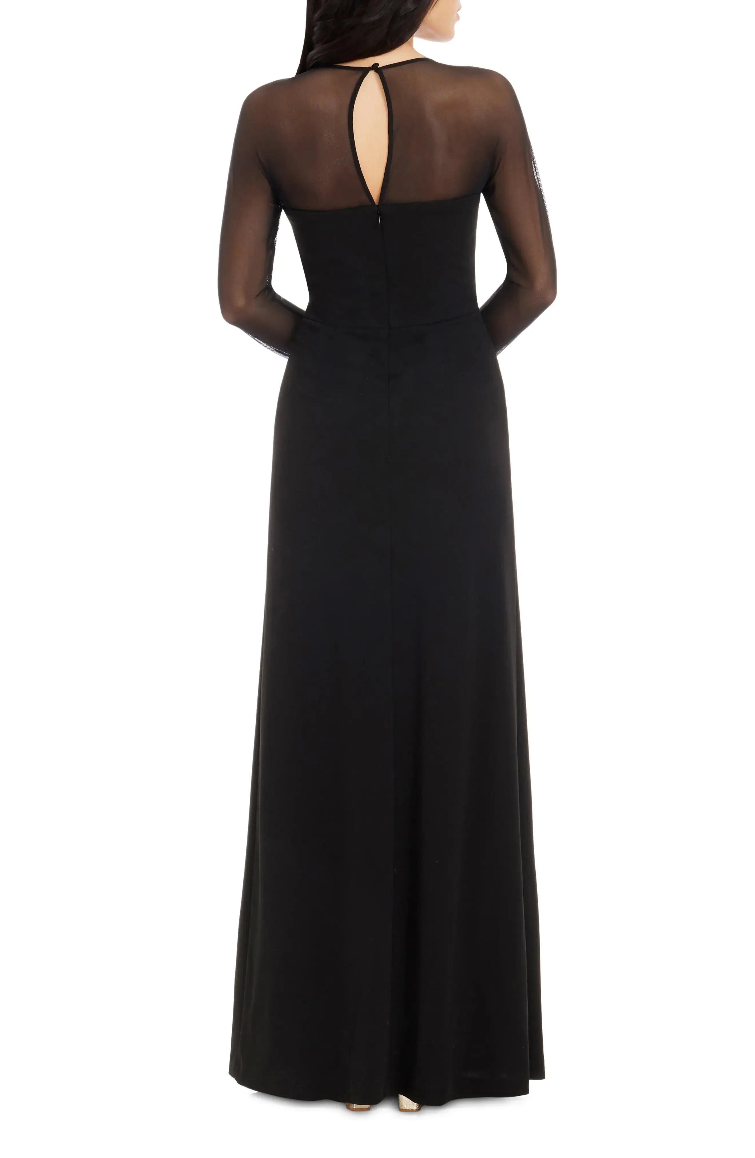 Sheer Accented Sheath Square Neck Long Sleeve Keyhole Back Floor Length For Women Evening Dress