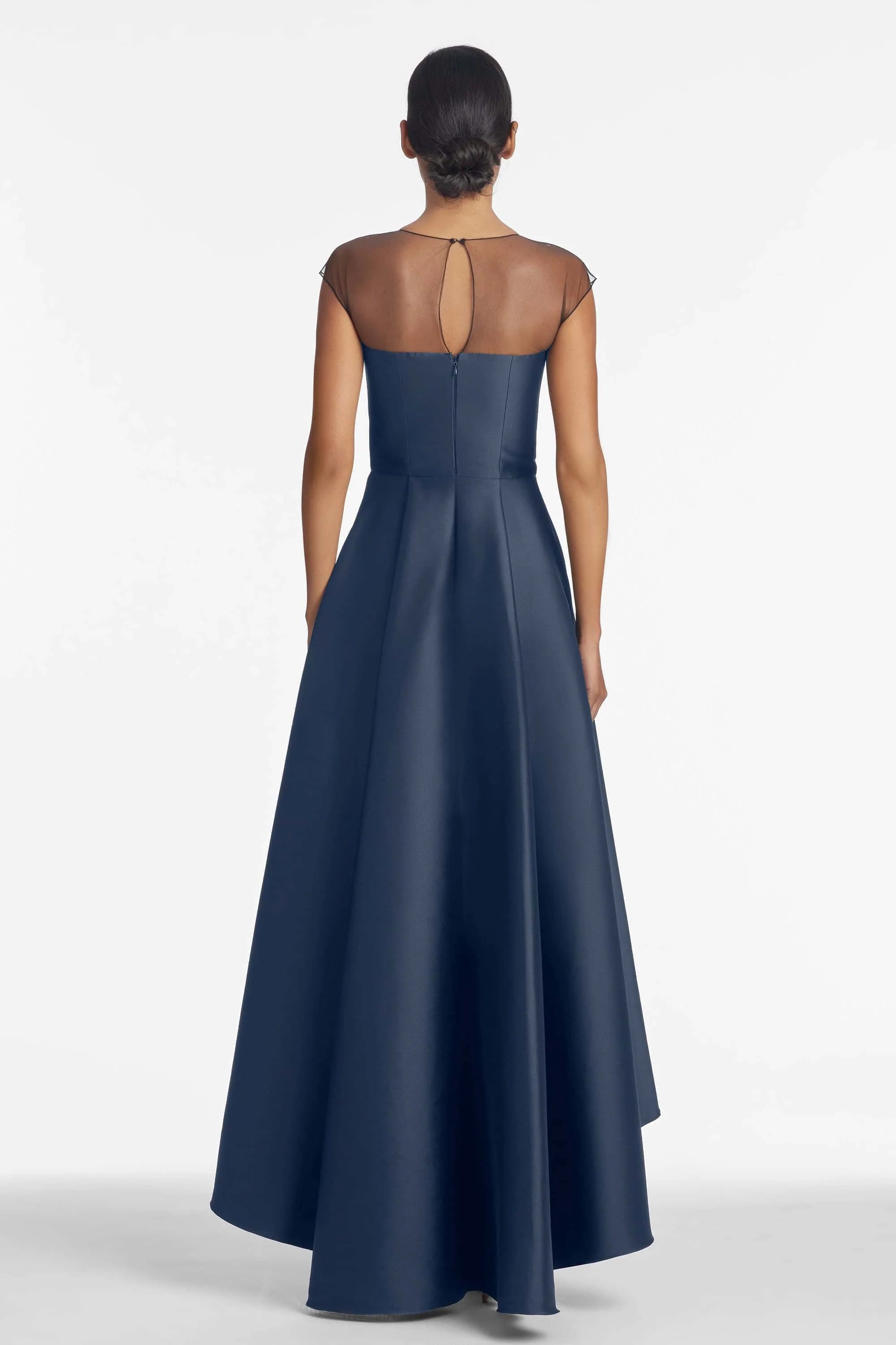 Sheer Yoke Floral Accent A Line Sweetheart Short Sleeve Zipper Back High Low Floor Length Female Evening Dress
