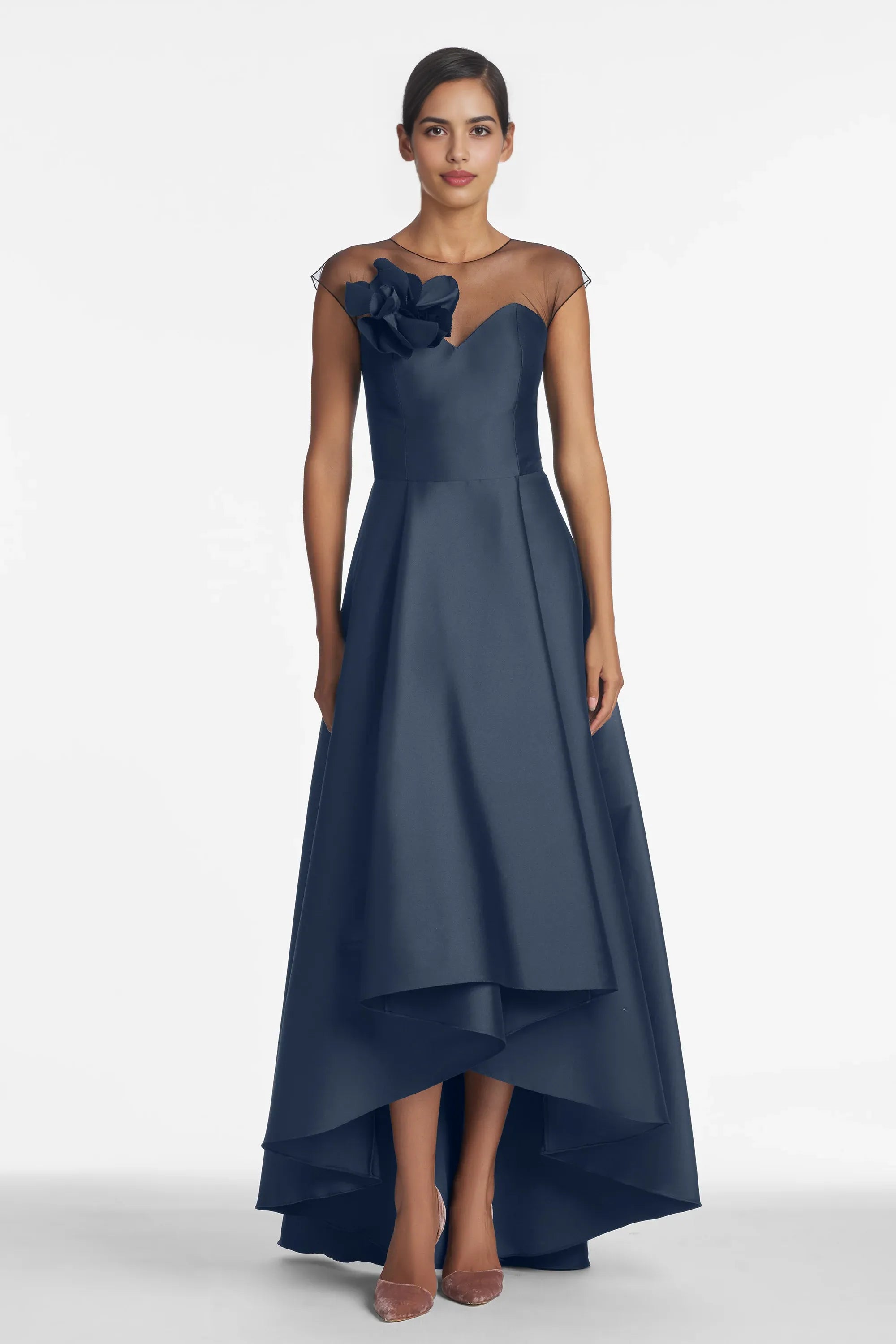 Sheer Yoke Floral Accent A Line Sweetheart Short Sleeve Zipper Back High Low Floor Length Female Evening Dress