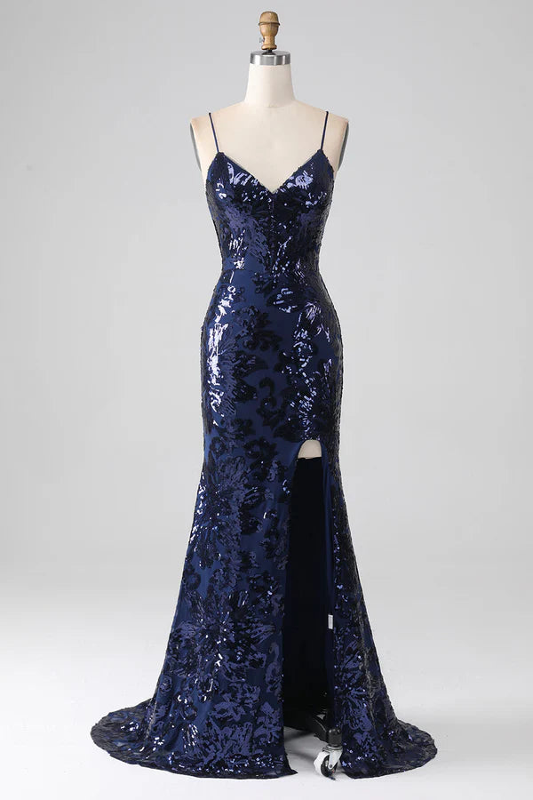 Shimmering Sequin Mermaid Spaghetti Strap Prom Dress with Slit simple gentle atmospheric and unique desi