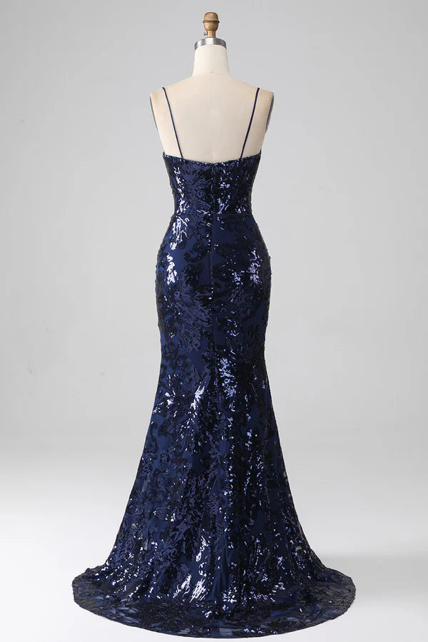 Shimmering Sequin Mermaid Spaghetti Strap Prom Dress with Slit simple gentle atmospheric and unique desi