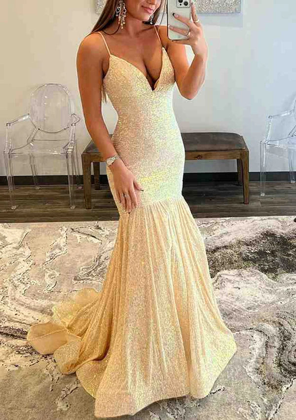 Shine Bright in Sequined Trumpet/Mermaid V-Neck Prom Dress/Evening Dress Simple gentle atmospheric and unique design  ﻿