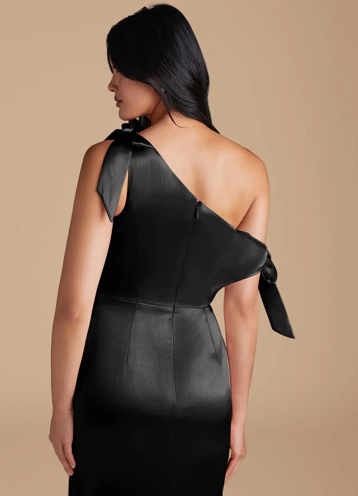 Black Satin One-Shoulder Evening Gown with Side Slit and Bow Details Sheath Off the Shoulder Metallic Satin Convertible Bridesmaid Dresses