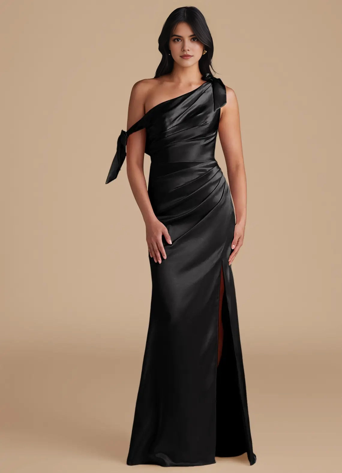 Black Satin One-Shoulder Evening Gown with Side Slit and Bow Details Sheath Off the Shoulder Metallic Satin Convertible Bridesmaid Dresses