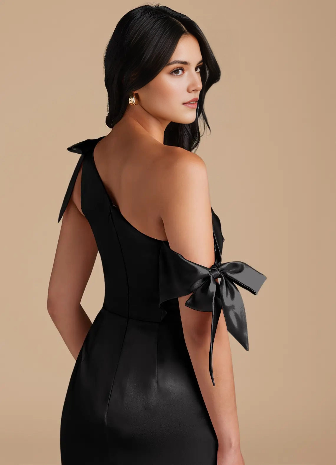 Black Satin One-Shoulder Evening Gown with Side Slit and Bow Details Sheath Off the Shoulder Metallic Satin Convertible Bridesmaid Dresses