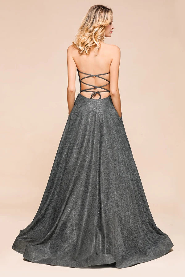 Shinning Strapless Long Prom Dress Lace-up Evening Gowns With Split Simple gentle atmospheric and unique design