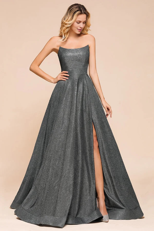 Shinning Strapless Long Prom Dress Lace-up Evening Gowns With Split Simple gentle atmospheric and unique design