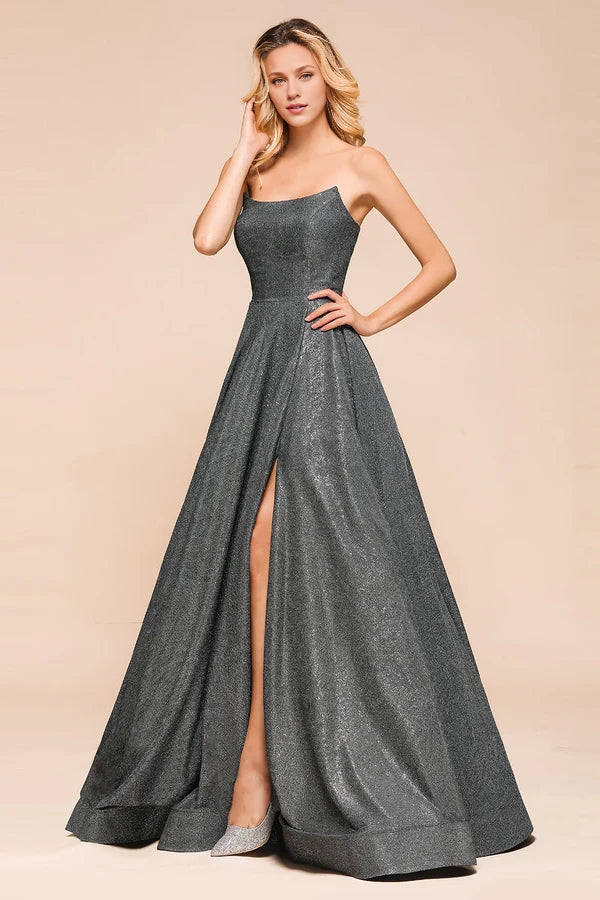 Shinning Strapless Long Prom Dress Lace-up Evening Gowns With Split Simple gentle atmospheric and unique design