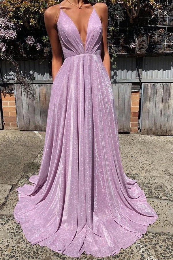 Shiny A-line Deep V Neck Lace Up Prom Dresses simple gentle atmospheric and unique desi Bring summer colors to enhance whiteness