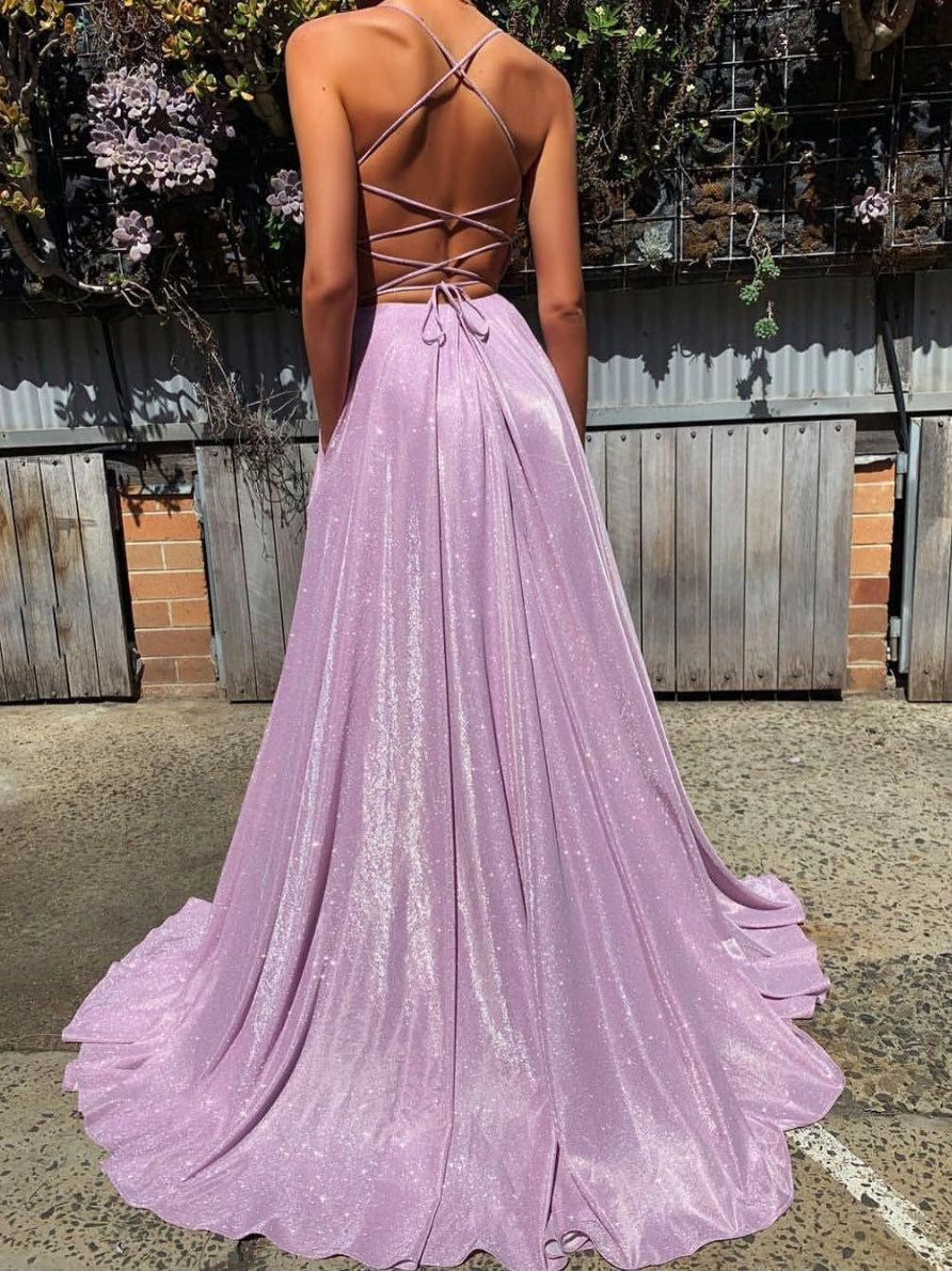 Shiny A-line Deep V Neck Lace Up Prom Dresses simple gentle atmospheric and unique desi Bring summer colors to enhance whiteness