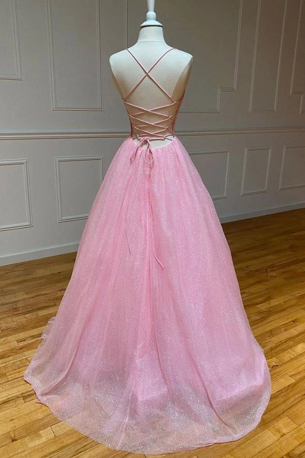 Shiny A-line Spaghetti Straps Lace Up Tulle Prom Dress simple gentle atmospheric and unique desi Bring summer colors to enhance whiteness