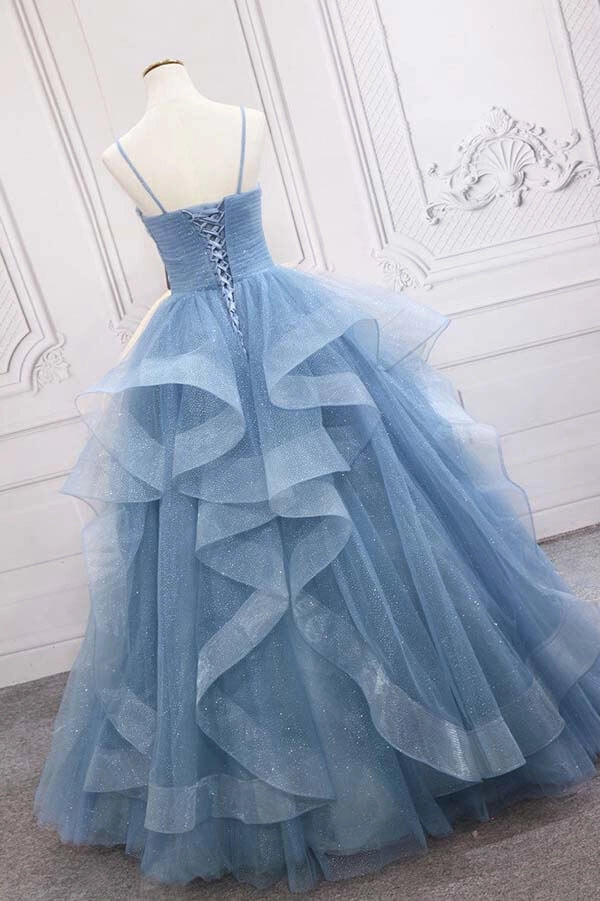 Shiny Blue Tulle A-line Spaghetti Straps Long Prom Dresses Princess quinceanera dresses simple gentle atmospheric and unique desi Bring summer colors to enhance whiteness