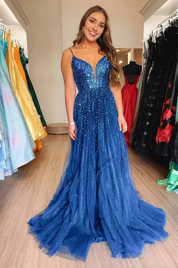 Shiny Blue Tulle Formal Prom Dress With Sequins simple gentle atmospheric and unique desi Bring summer colors to enhance whiteness