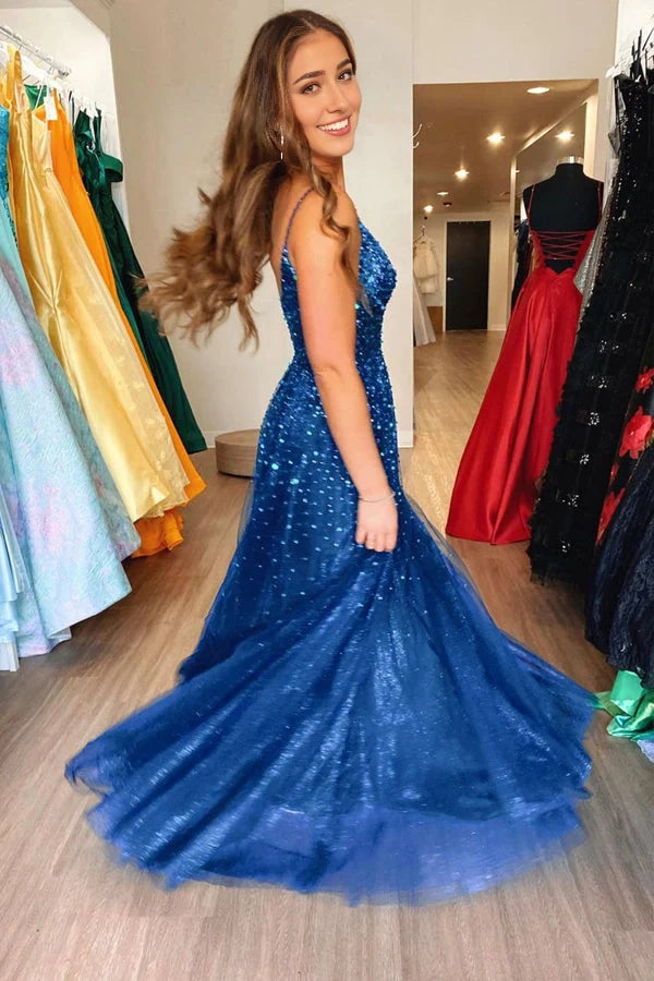 Shiny Blue Tulle Formal Prom Dress With Sequins simple gentle atmospheric and unique desi Bring summer colors to enhance whiteness