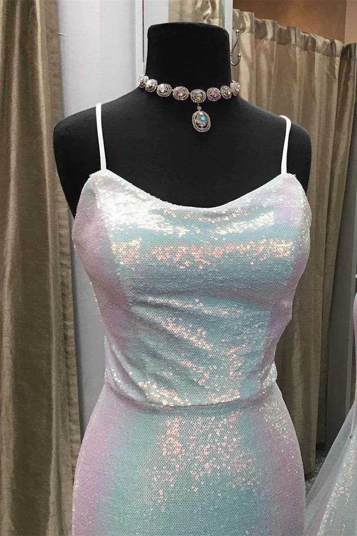 Shiny Spaghetti Straps Mermaid Sequin Long Prom Dresses simple gentle atmospheric and unique desi Bring summer colors to enhance whiteness