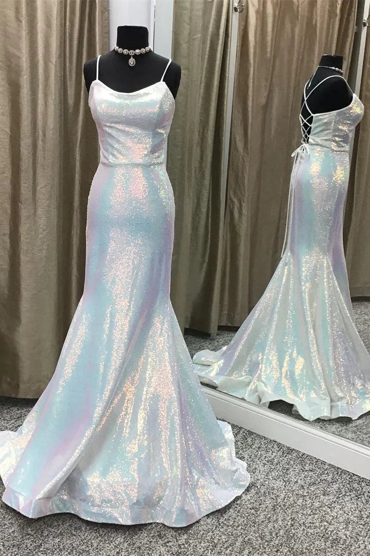 Shiny Spaghetti Straps Mermaid Sequin Long Prom Dresses simple gentle atmospheric and unique desi Bring summer colors to enhance whiteness