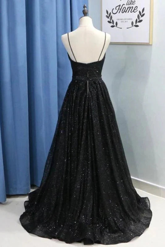 Shiny Spaghetti Straps Prom Dress Black Prom Dress simple gentle atmospheric and unique desi Bring summer colors to enhance whiteness