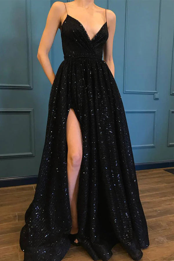 Shiny Spaghetti Straps Prom Dress Black Prom Dress simple gentle atmospheric and unique desi Bring summer colors to enhance whiteness