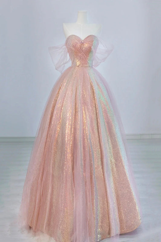 Shiny Tulle Sequins Long Prom Dress Beautiful A-Line Formal Dress Sweet 16 Dress simple gentle atmospheric and unique desi Bring summer colors to enhance white