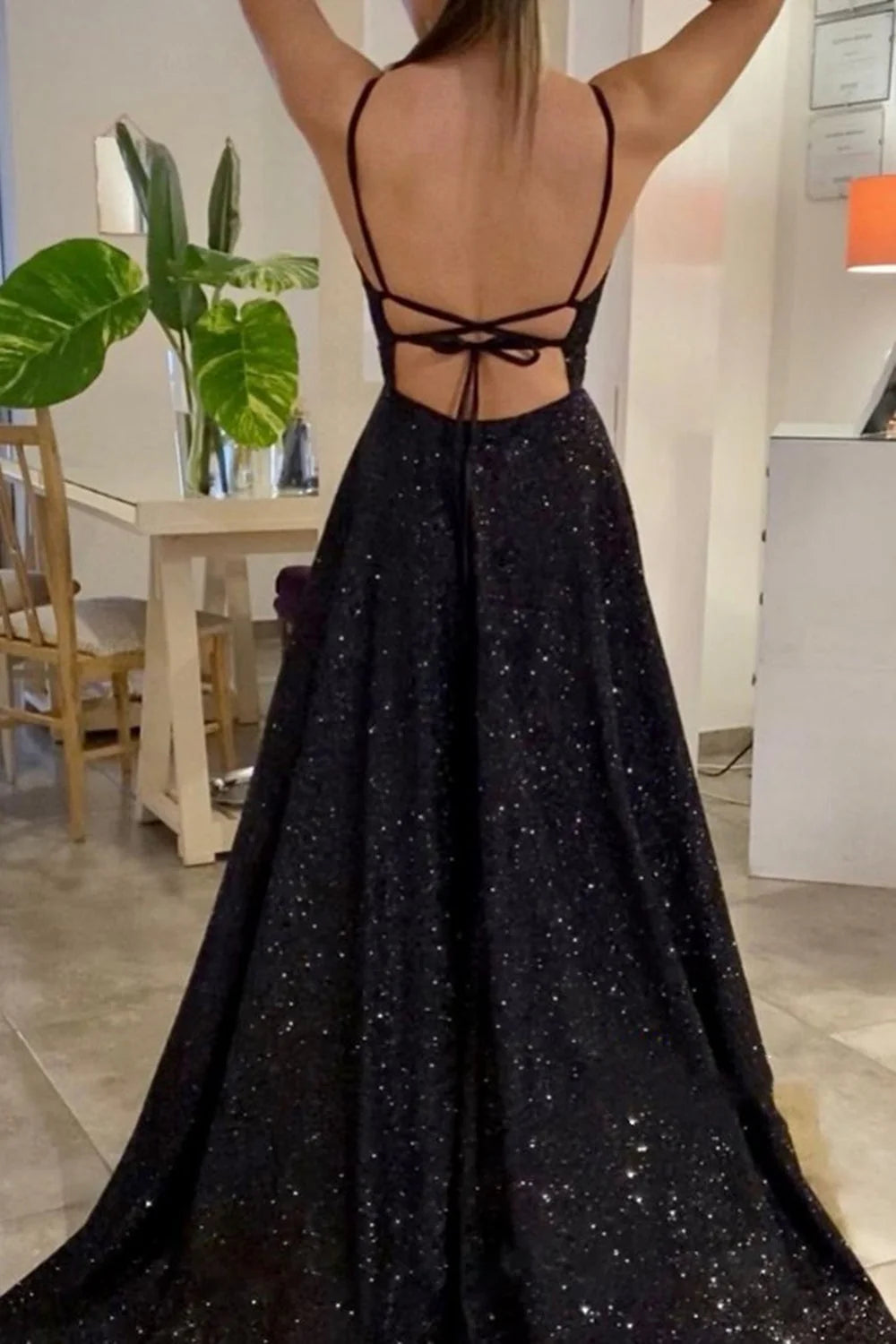 Shiny V Neck Backless Black Long Prom Dresses Sexy Formal Dresses Sparkly Black Evening Dress simple gentle atmospheric and unique desi Bring summer colors to enhance whiteness