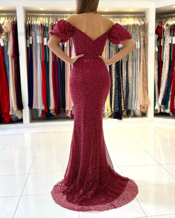 Short Sleeves Mermaid Prom Dress Long With Slit Off-the-Shoulder Simple gentle atmospheric and unique design
