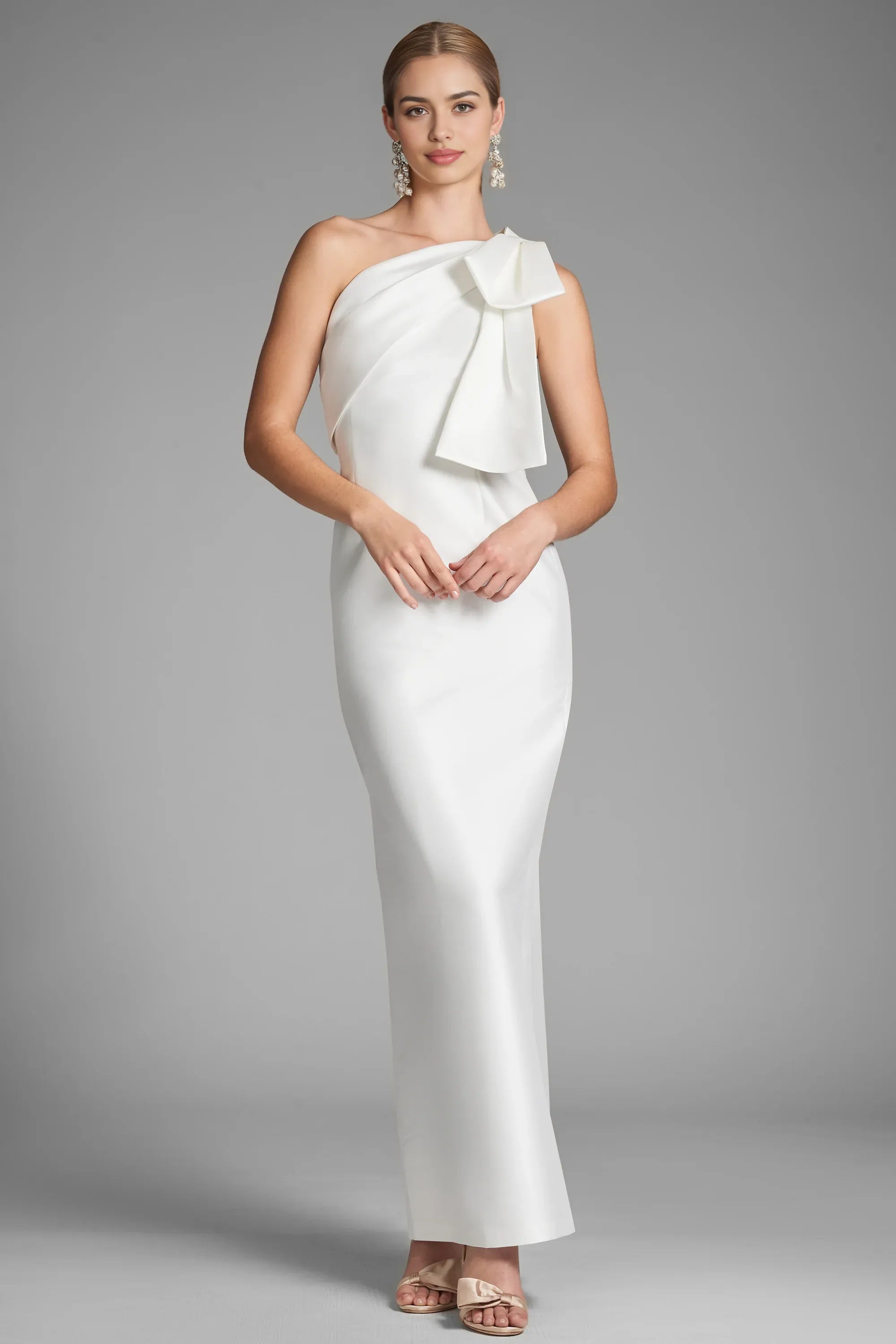 Shoulder Bow Sheath One Shoulder Sleeveless Zipper Back Floor Length For Women Evening Dress