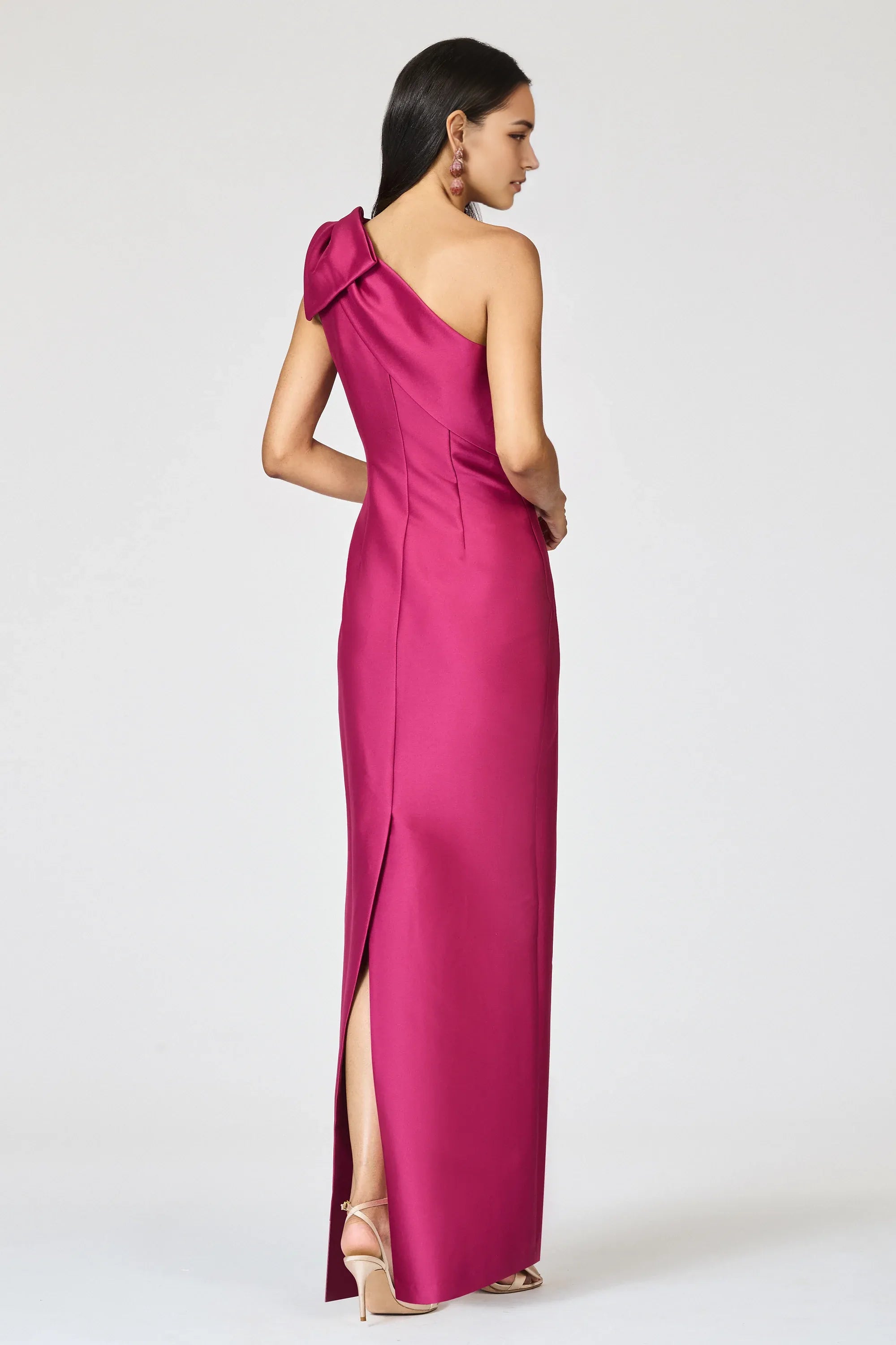 Shoulder Bow Sheath One Shoulder Sleeveless Zipper Back High Slit Floor Length For Ladies Evening Dress