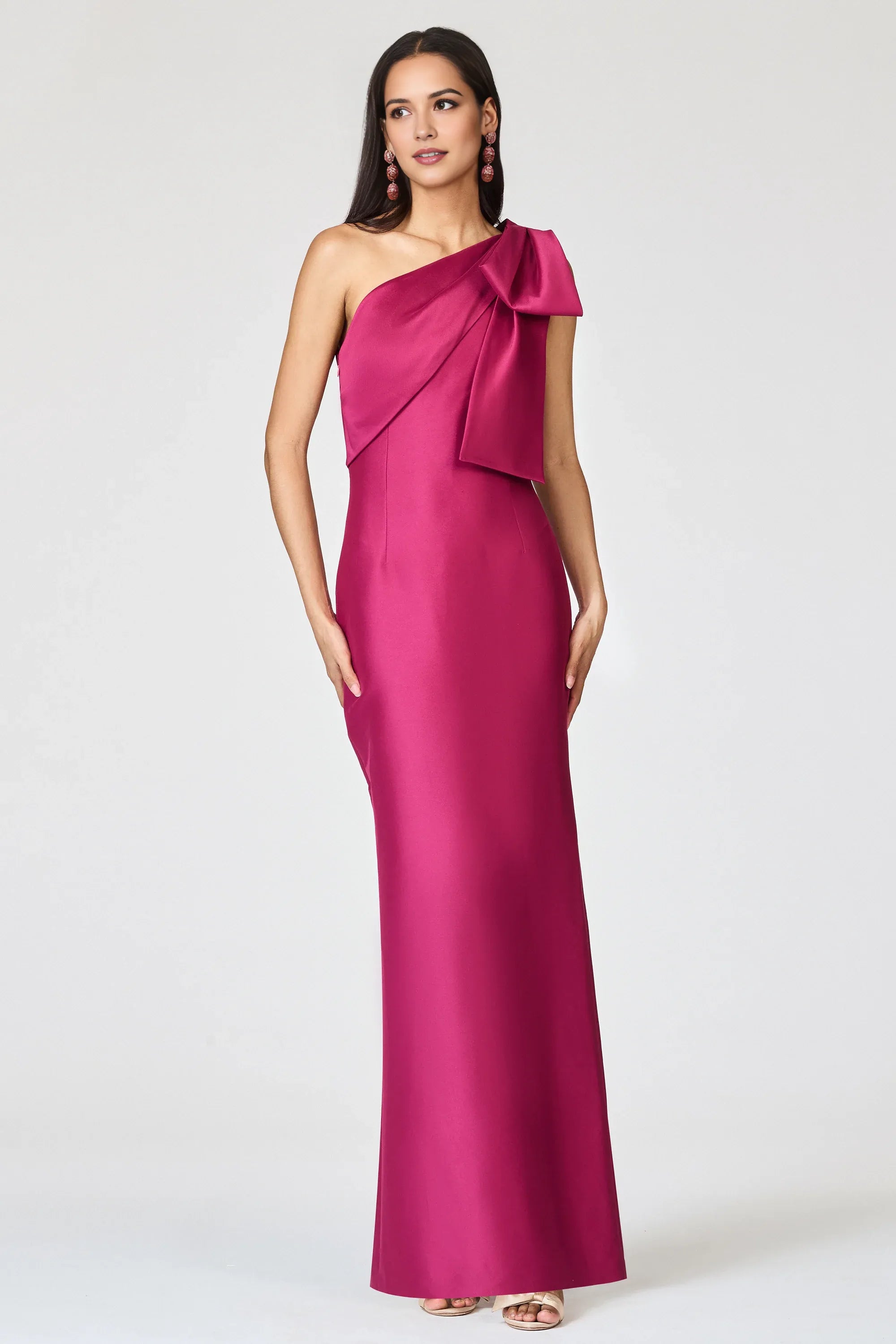 Shoulder Bow Sheath One Shoulder Sleeveless Zipper Back High Slit Floor Length For Ladies Evening Dress