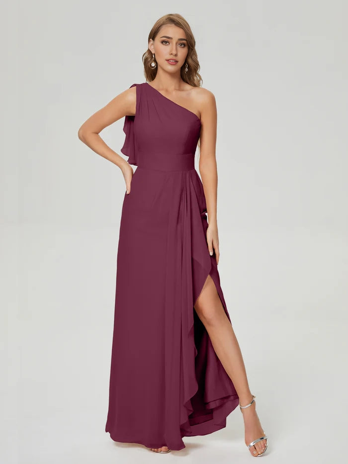 Side Slit One Shoulder Chiffon Bridesmaid Dress simple gentle atmospheric and unique desi Bring summer colors to enhance whiteness