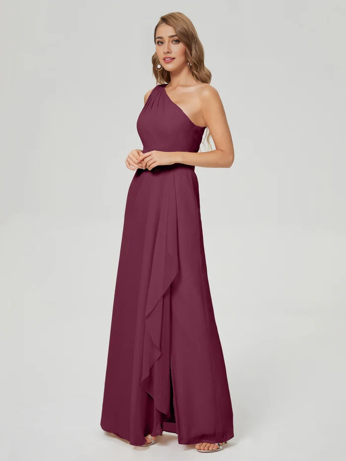 Side Slit One Shoulder Chiffon Bridesmaid Dress simple gentle atmospheric and unique desi Bring summer colors to enhance whiteness