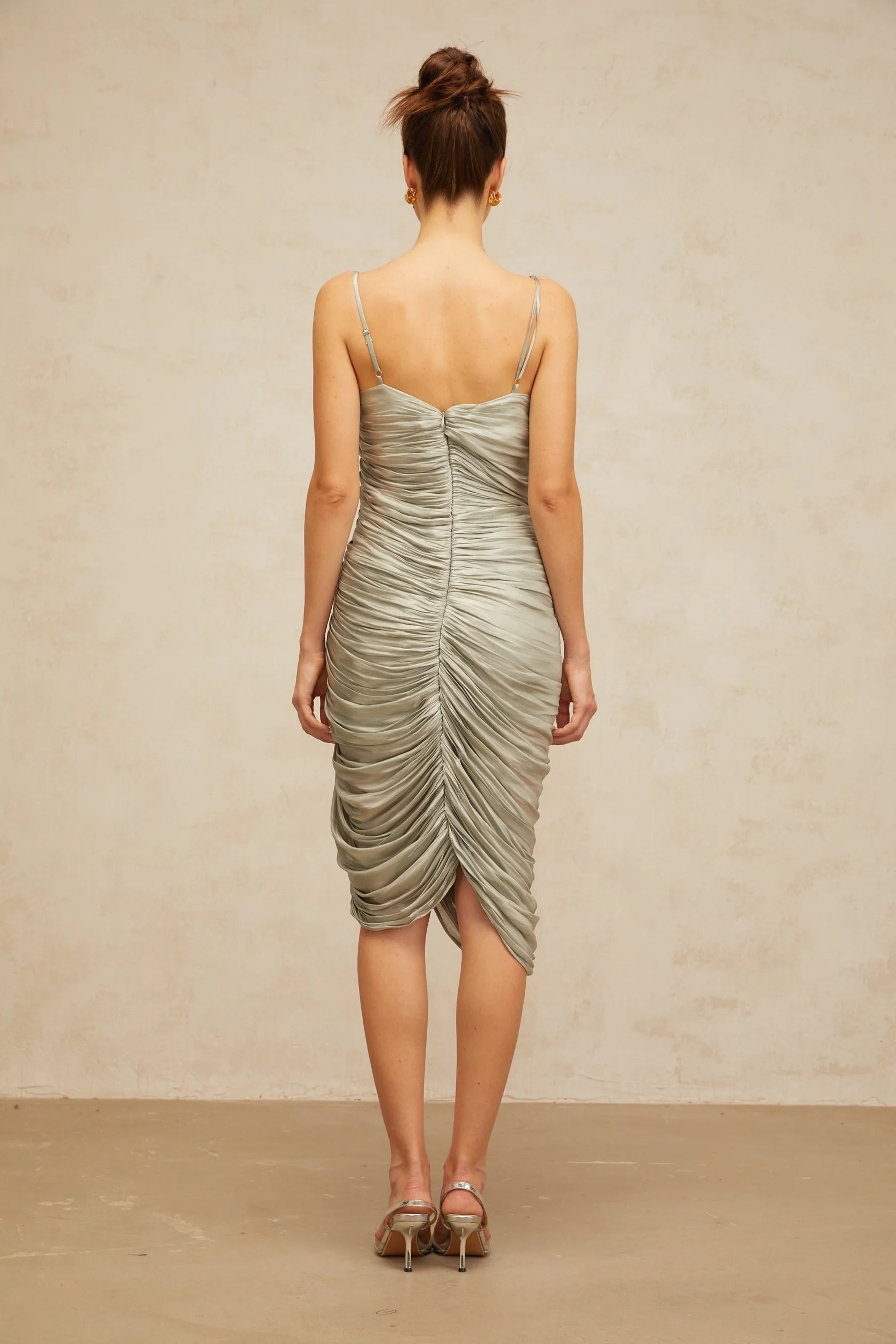 Silver Grey One - Shoulder Ruched Midi Dress with High Slit Lison glossy ruched midi dress in Grayish-green Evening Dress