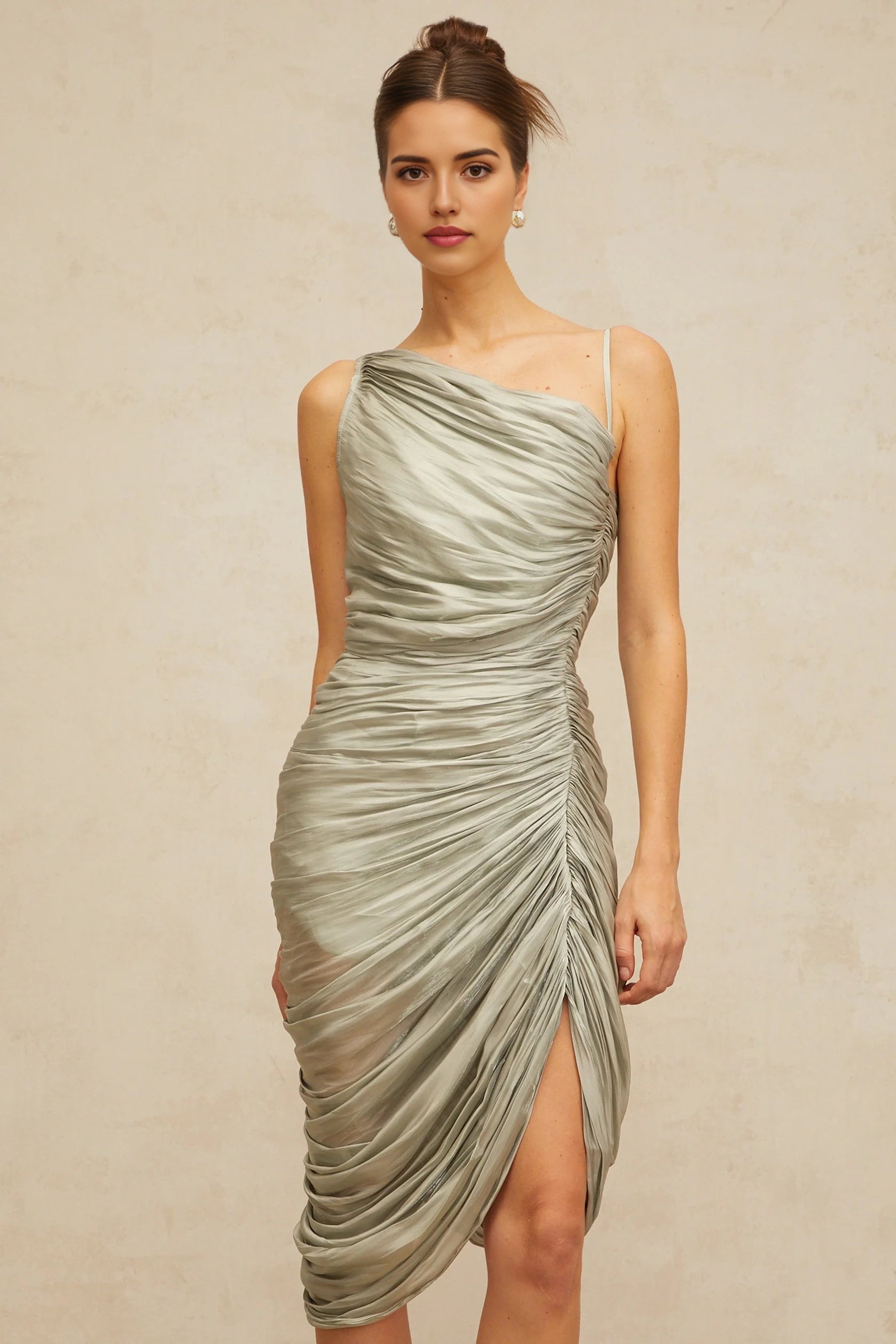 Silver Grey One - Shoulder Ruched Midi Dress with High Slit Lison glossy ruched midi dress in Grayish-green Evening Dress