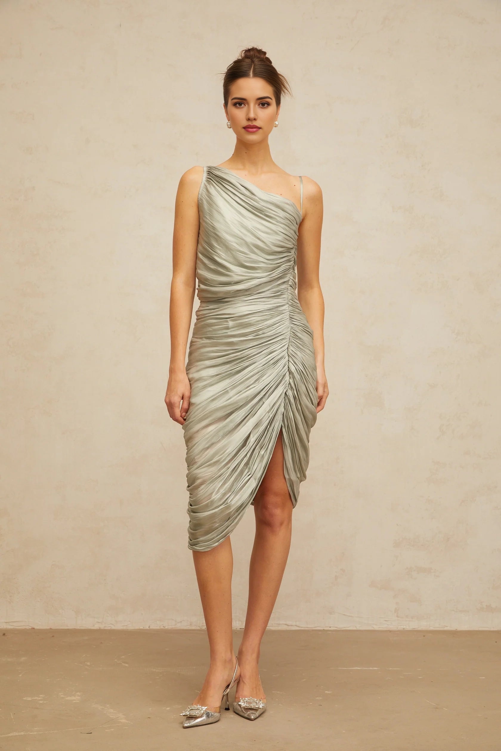 Silver Grey One - Shoulder Ruched Midi Dress with High Slit Lison glossy ruched midi dress in Grayish-green Evening Dress